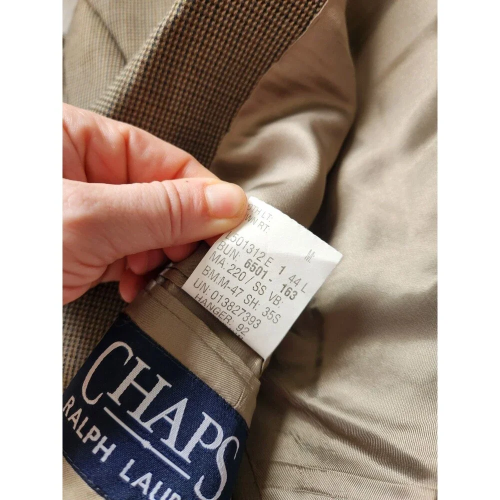 Chaps Ralph Lauren 100% Wool Houndstooth Double Breasted Blazer Brown Lined 44L